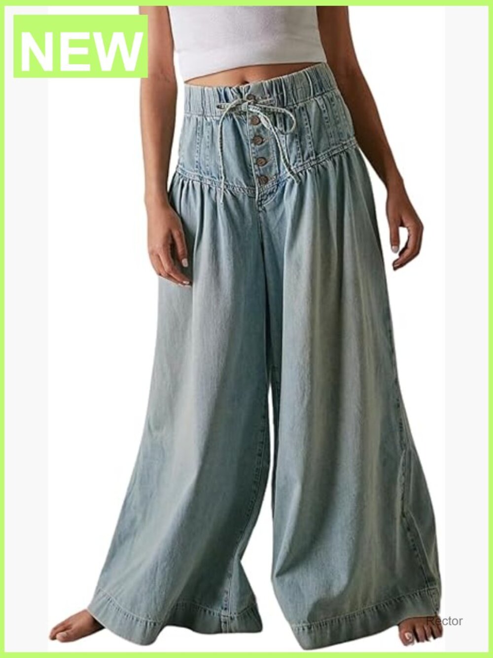 Baggy Wide Leg Denim Pants Drawstring Midi Waisted Flare Jeans Ruffle Pleated - Picture 1 of 7